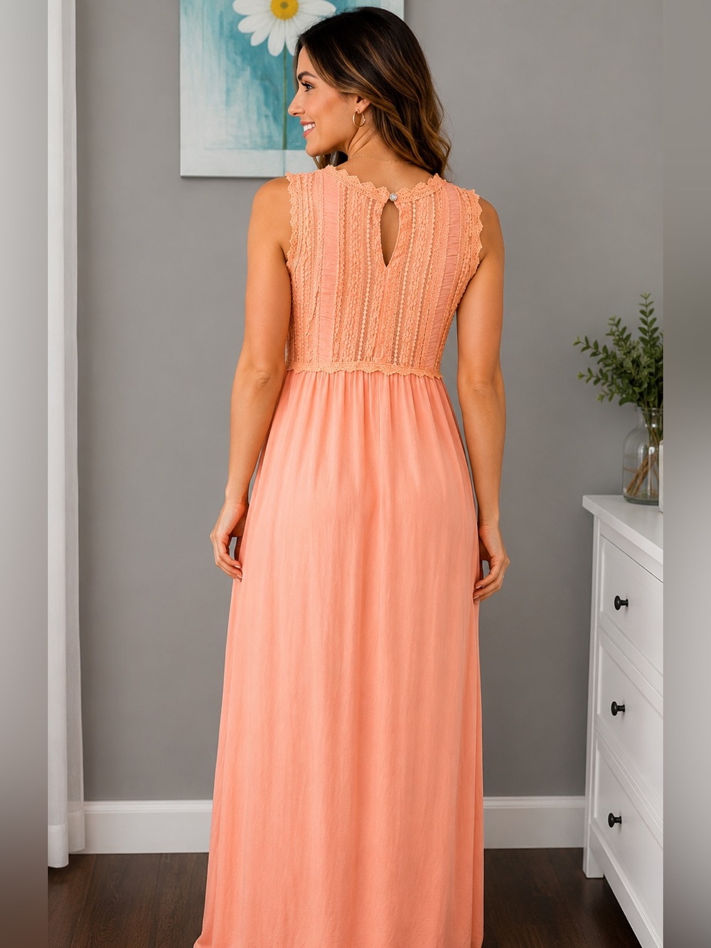 POL Sleeveless Lace Bodice Maxi Dress Coral Orange Sizes S, M , L - Picture 3 of 11